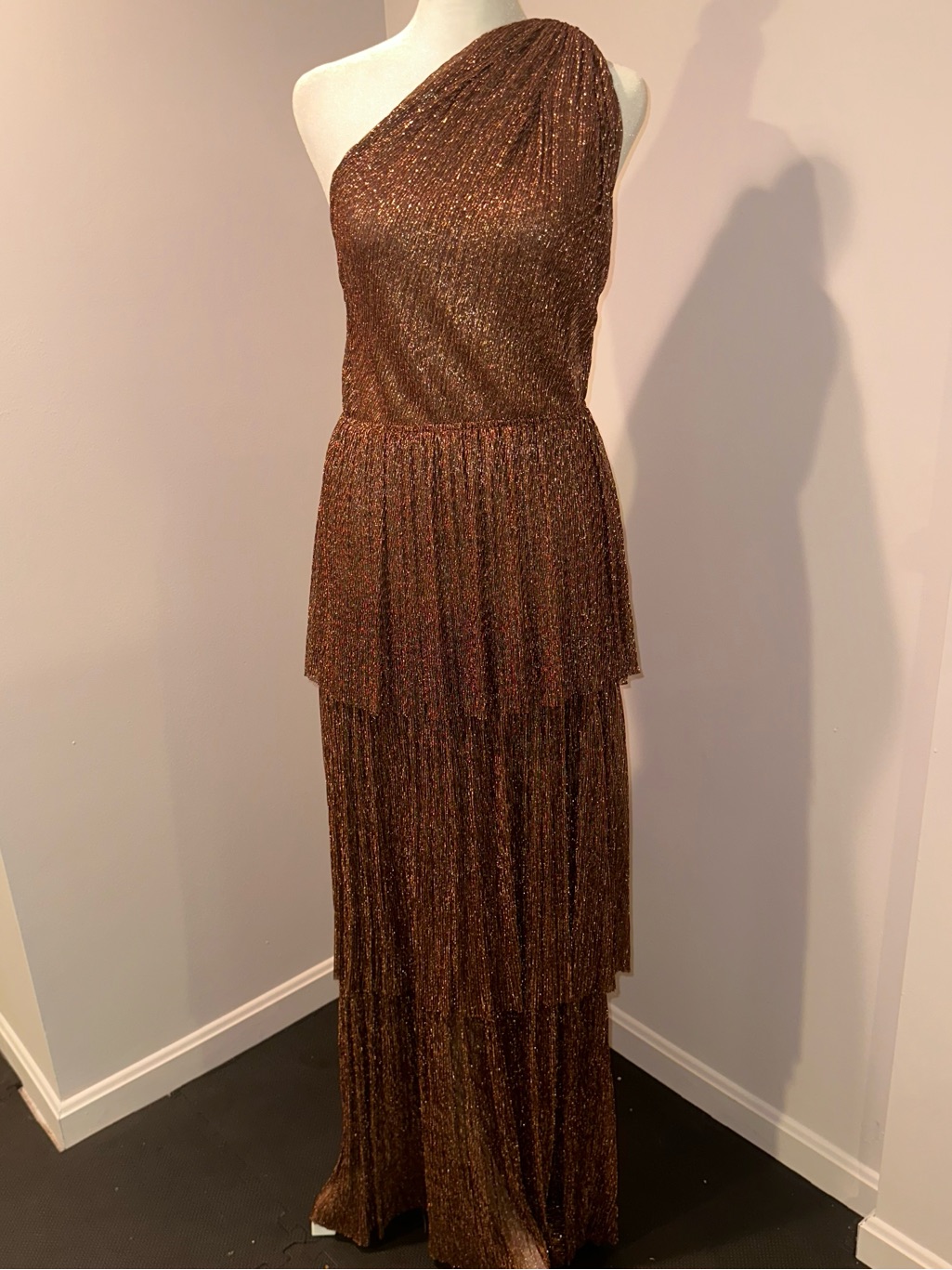 Sabina Musayev One-Shoulder Metallic Bronze Tiered Gown